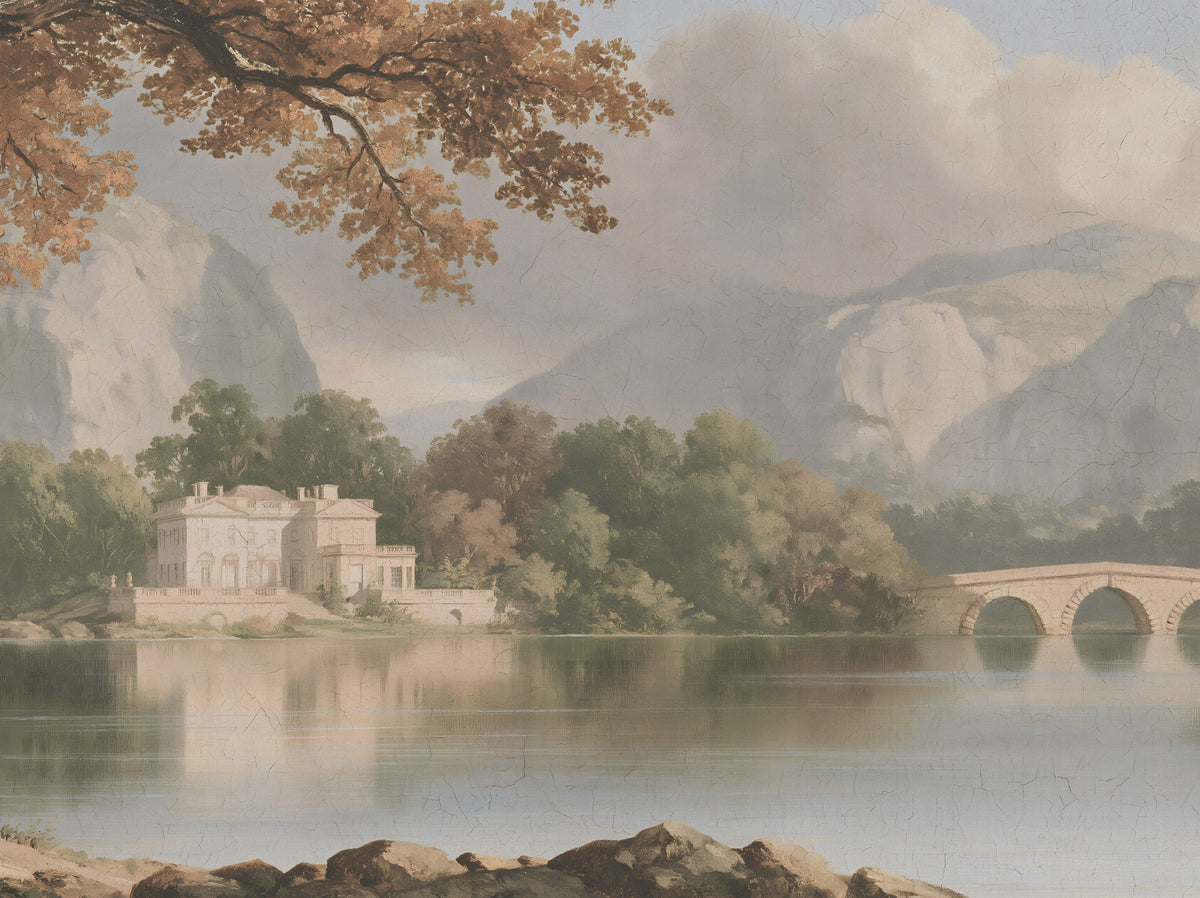 Hazy Mountain Lake Retreat Wall Mural in your room — zoomed