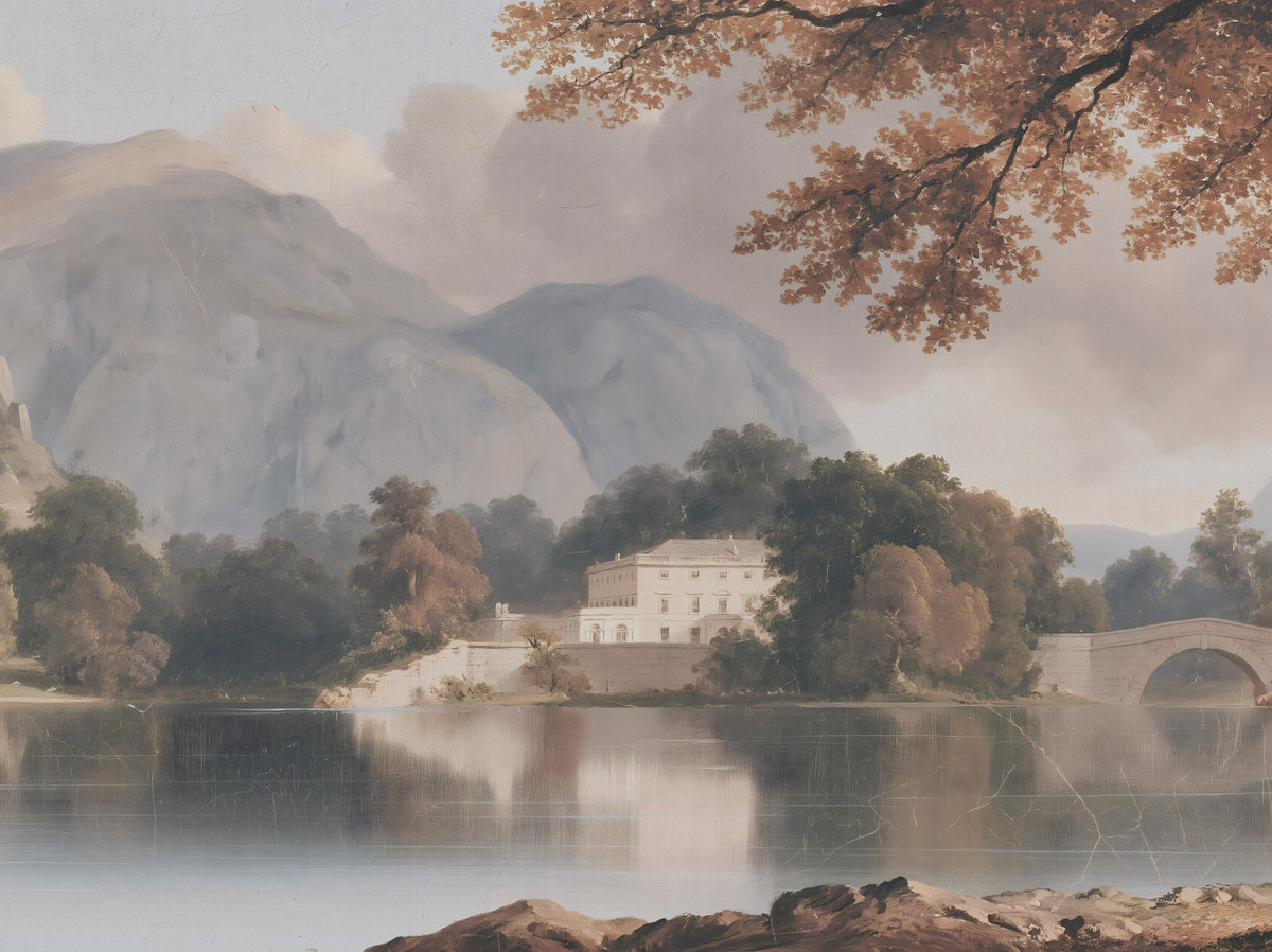 Serene Mountain Lake Estate Landscape Wall Mural in your room — zoomed