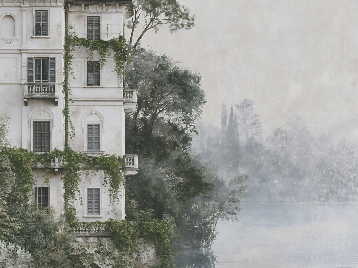 Misty Botanical Architectural Haven Wall Mural in your room — zoomed