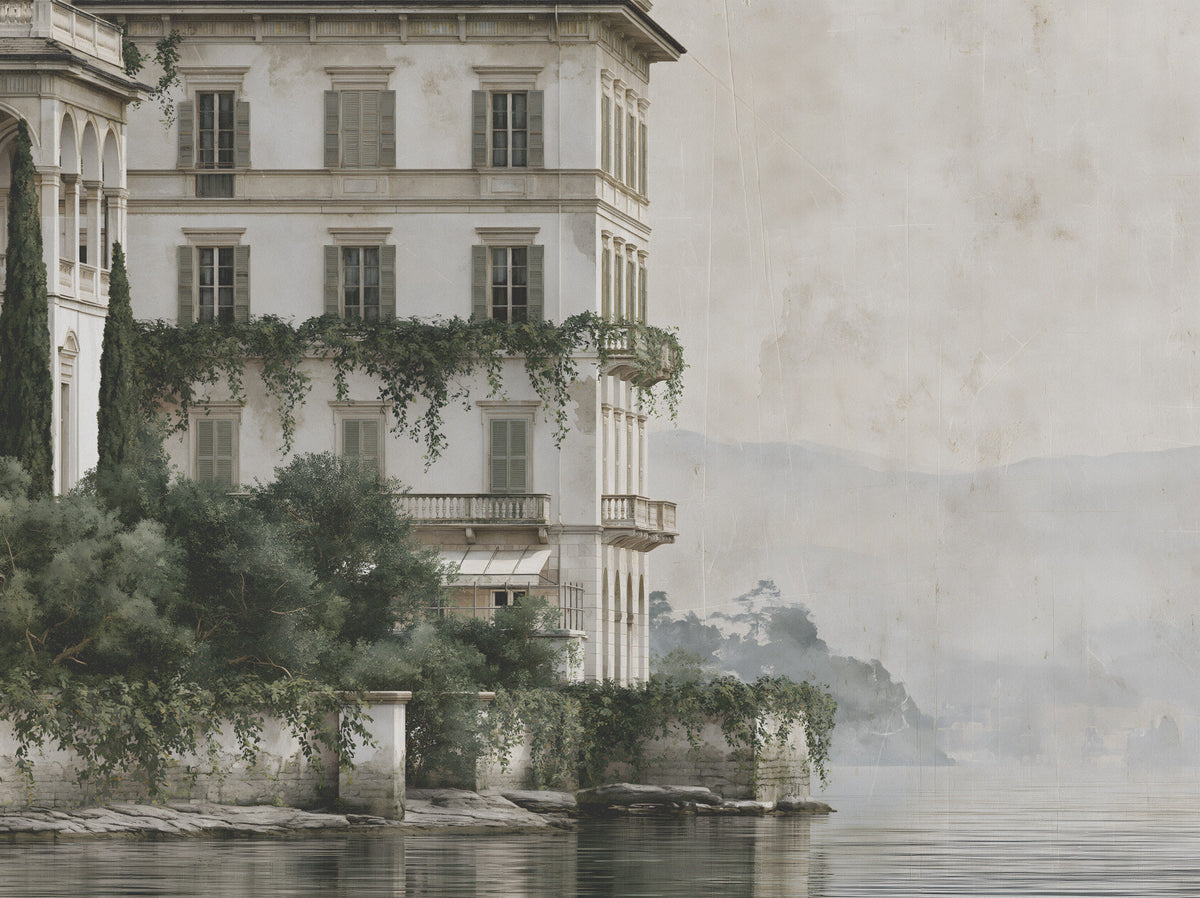 Misty Lakefront Manor Sketch Wall Mural in your room — zoomed