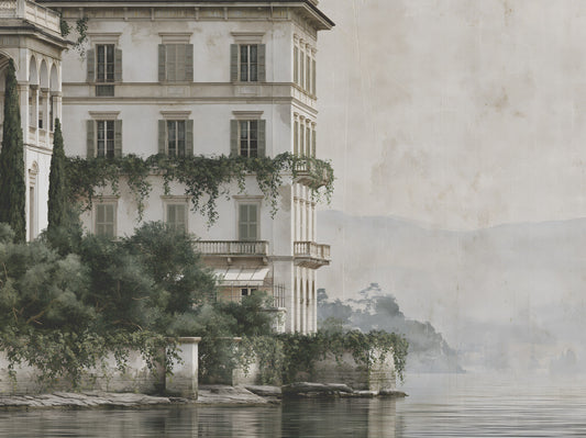 Misty Lakefront Manor Sketch Wall Mural