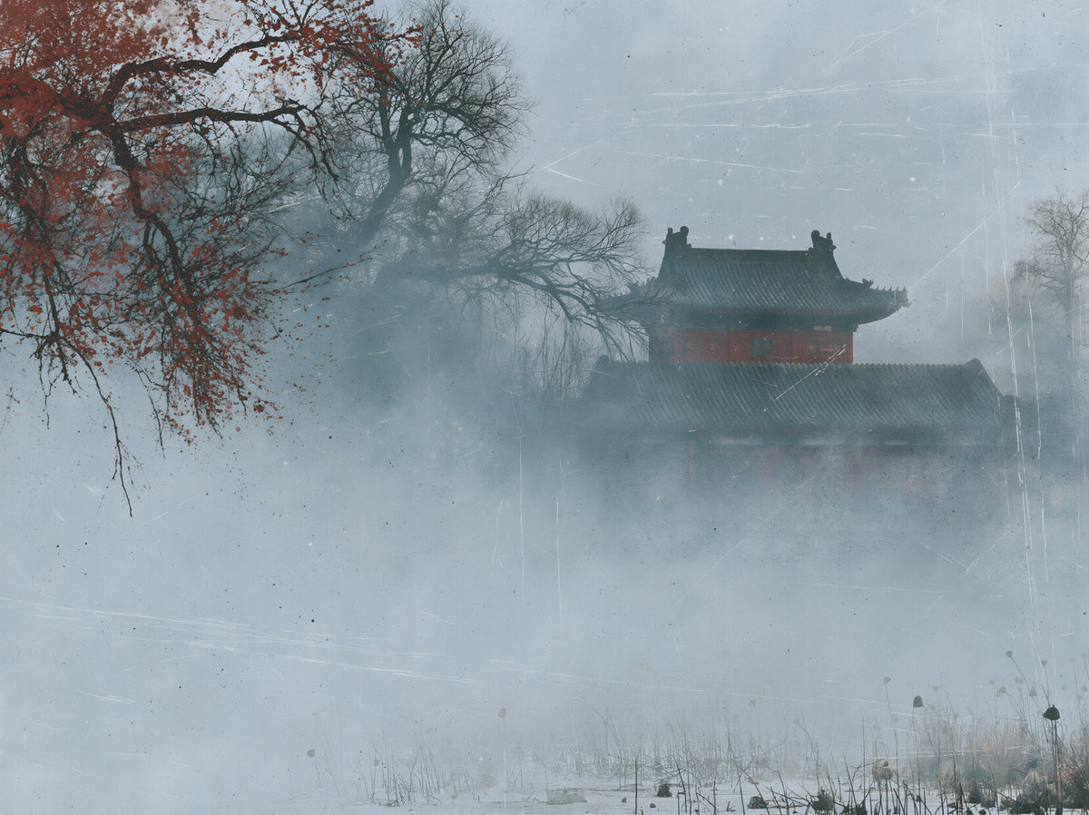 Crimson Pagoda in Winter Fog Wall Mural in your room — zoomed