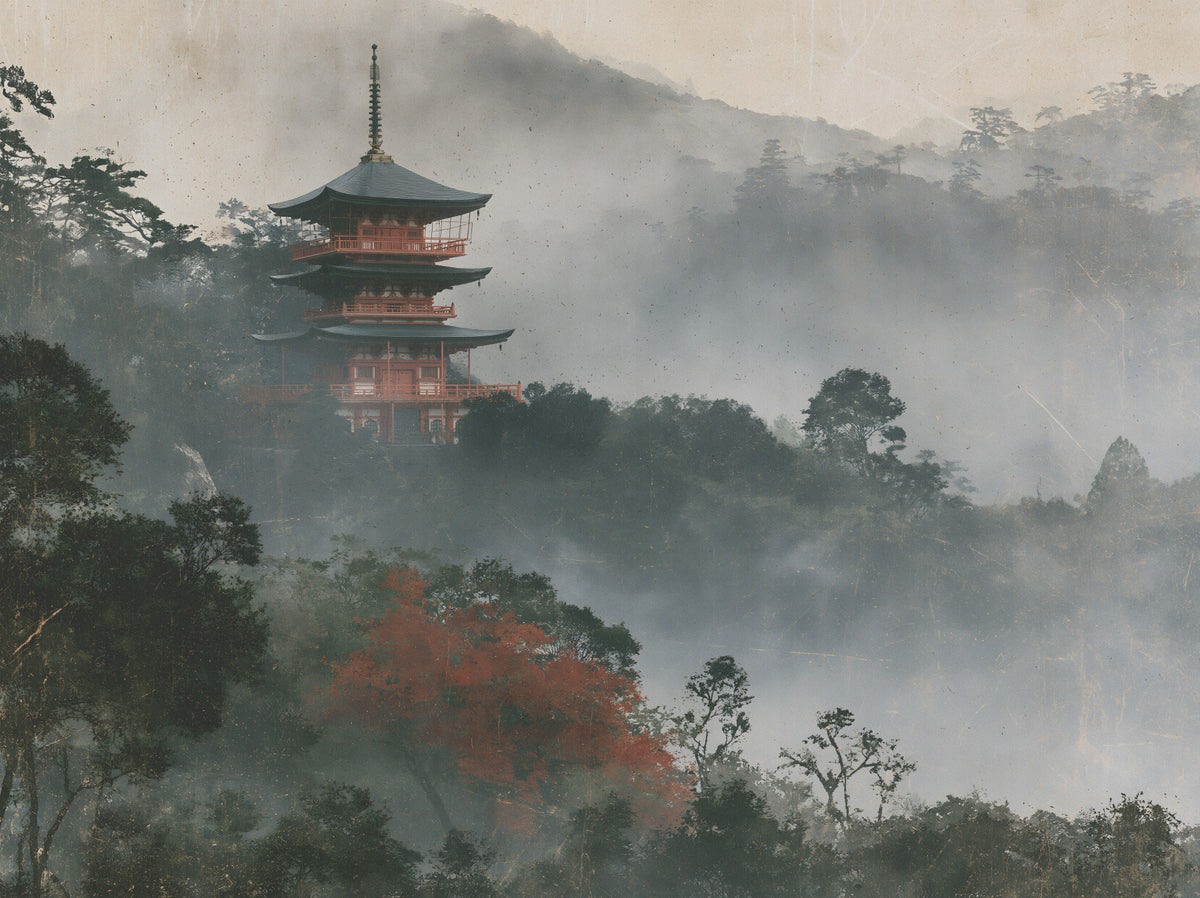 Ancient Temple in Foggy Woods Wall Mural