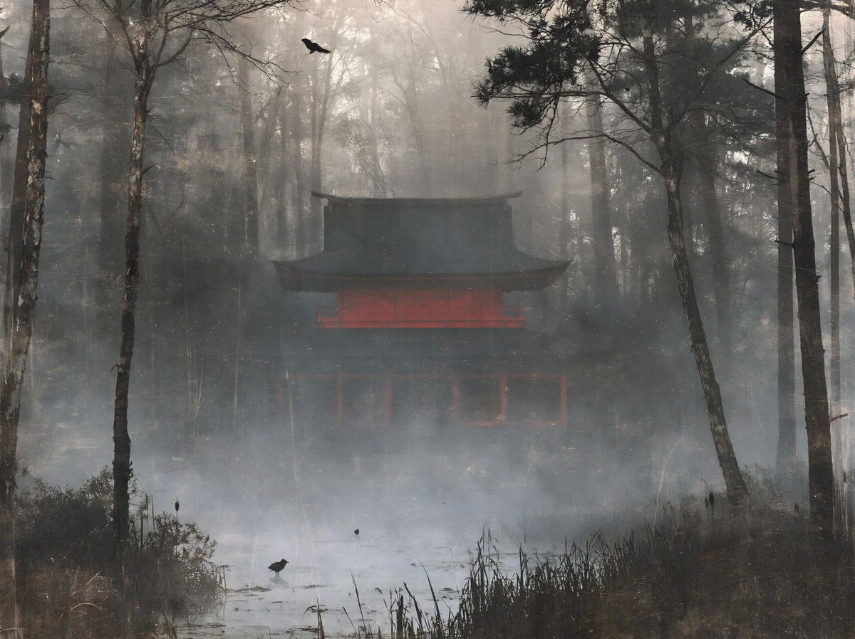 Zen Temple Foggy Woodland Wall Mural