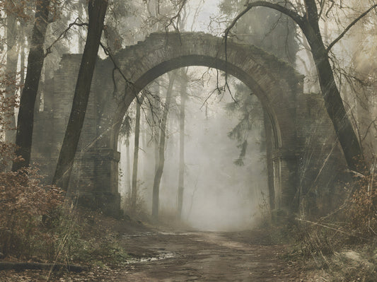 Misty Ancient Forest Stone Archway Wall Mural