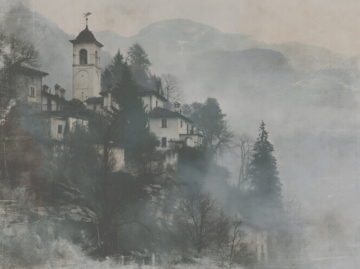 Vintage Foggy Hillside Retreat Wall Mural in your room — zoomed
