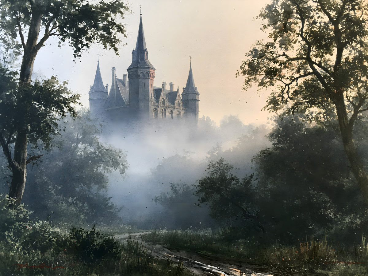 Gothic Chateau in Morning Fog Wall Mural in your room — zoomed