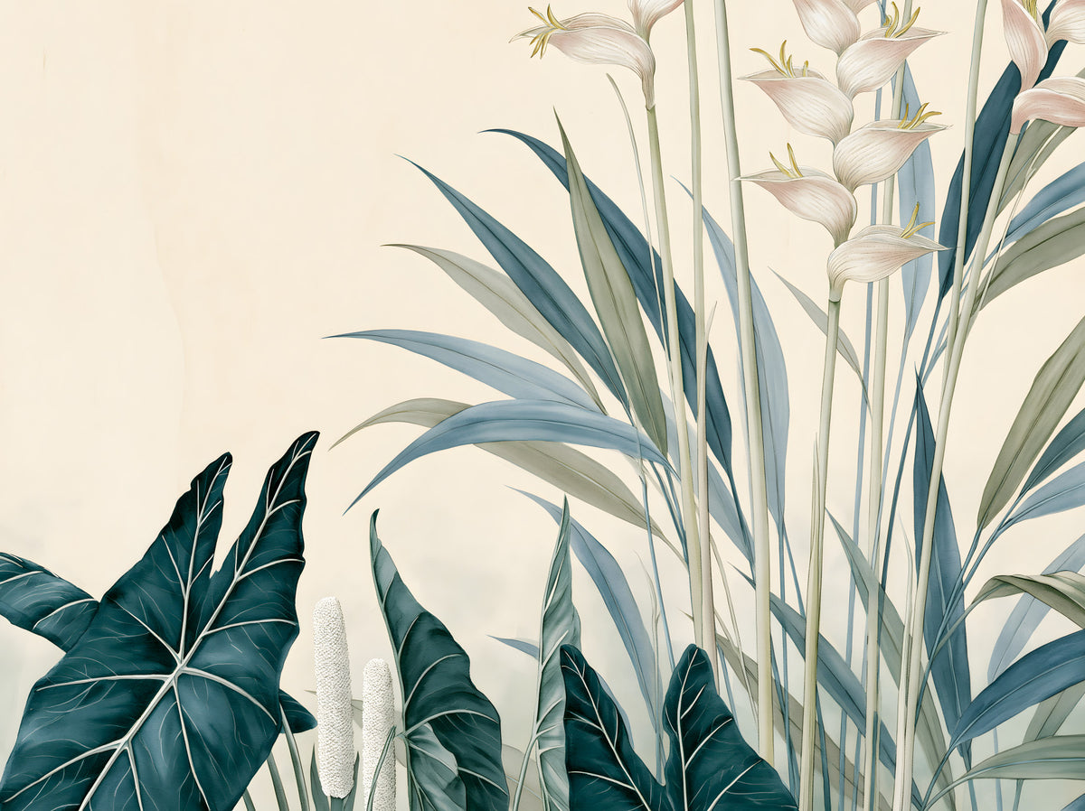 Modern Alocasia and Heliconia Flourish Wall Mural in your room — zoomed