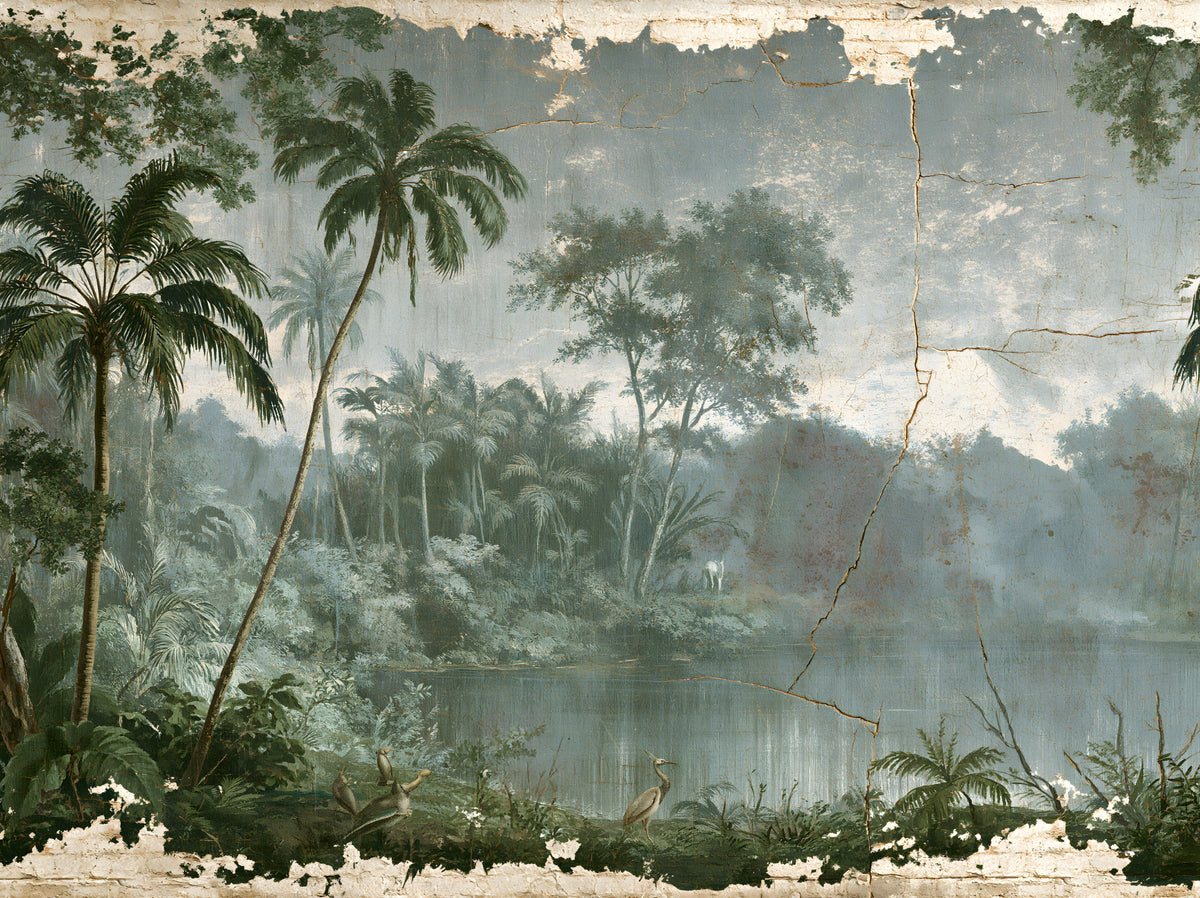 Aged Botanical Riverside Scene Wall Mural in your room — zoomed