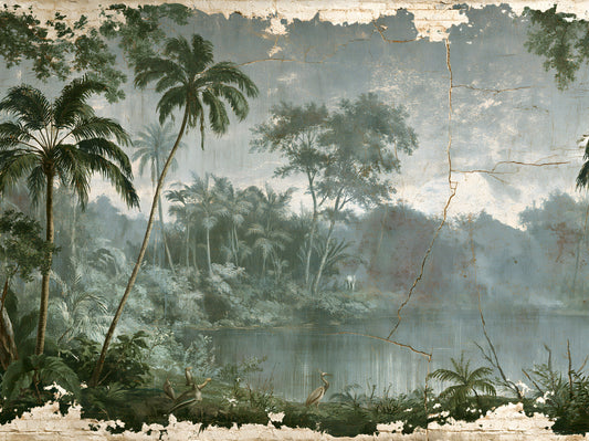 Aged Botanical Riverside Scene Wall Mural