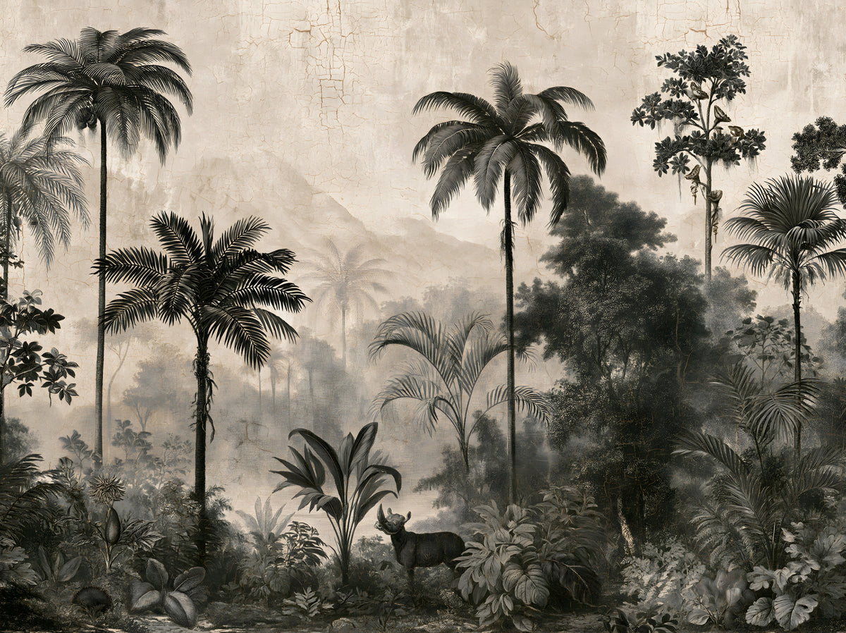 Monochrome Tropical Expedition Wall Mural in your room — zoomed