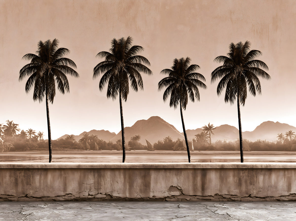 Sepia Palm Shoreline Landscape Wall Mural in your room — zoomed