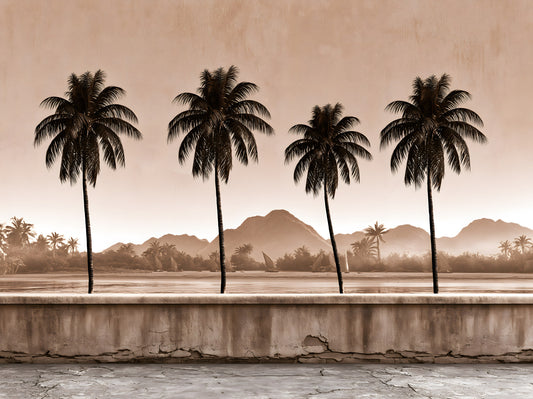 Sepia Palm Shoreline Landscape Wall Mural