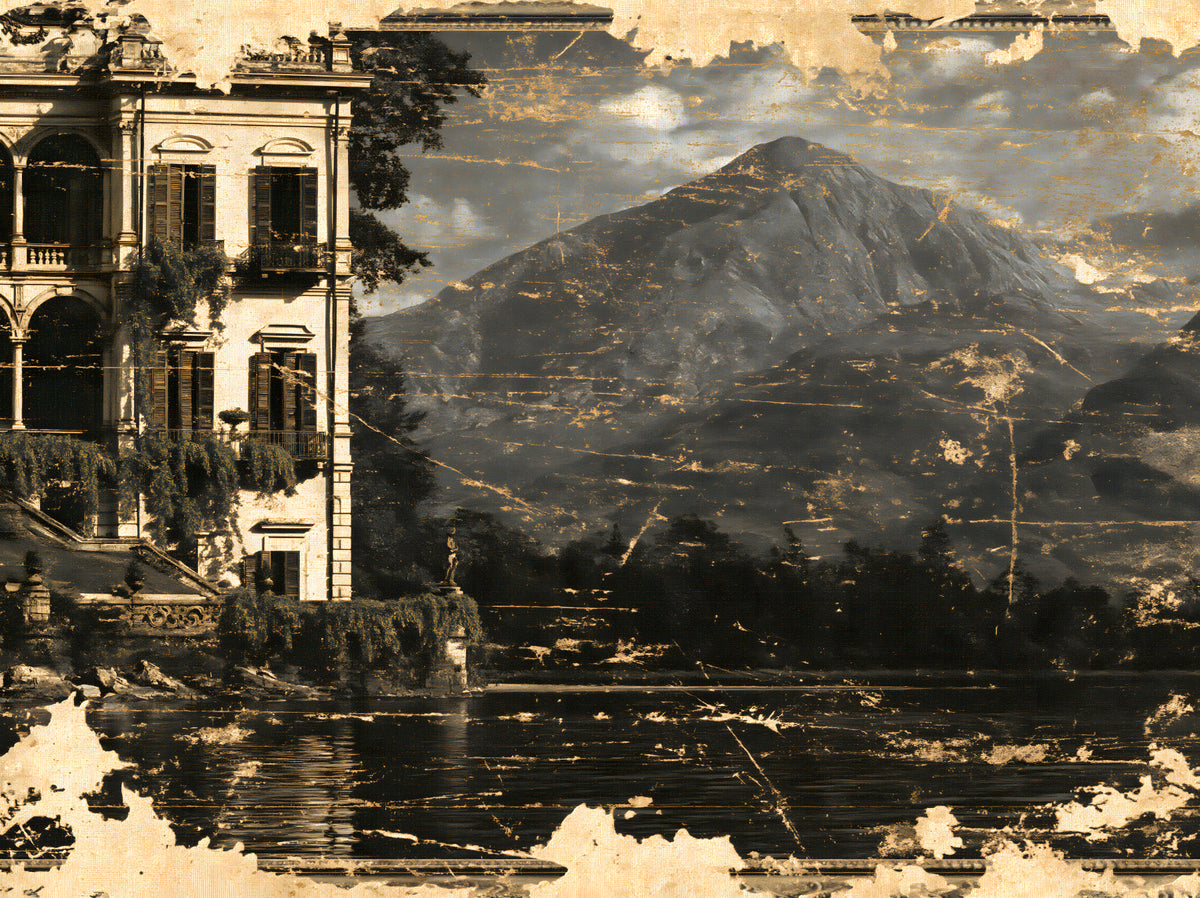 Sepia Tone Lakeside Villa Heritage Wall Mural in your room — zoomed