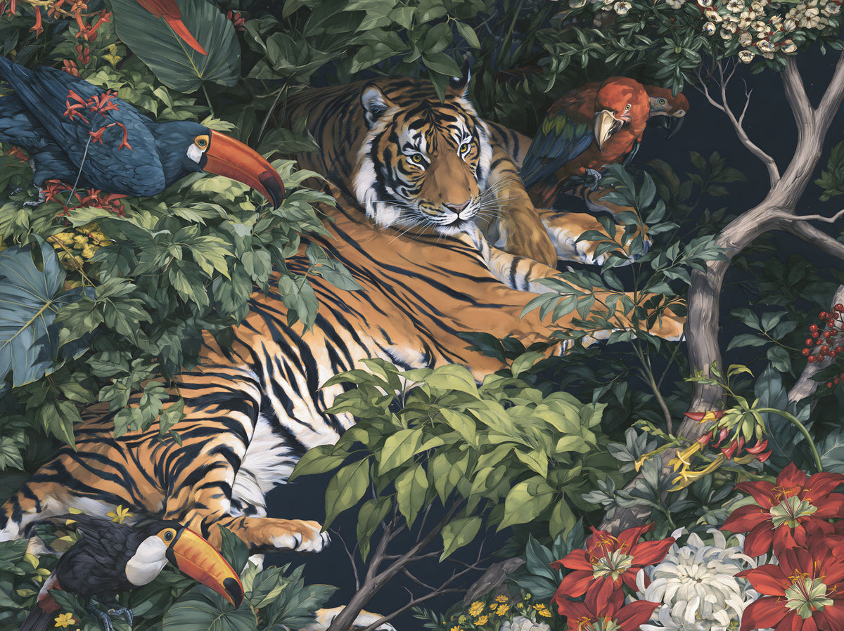 Midnight Jungle Tiger and Toucans Wall Mural in your room — zoomed