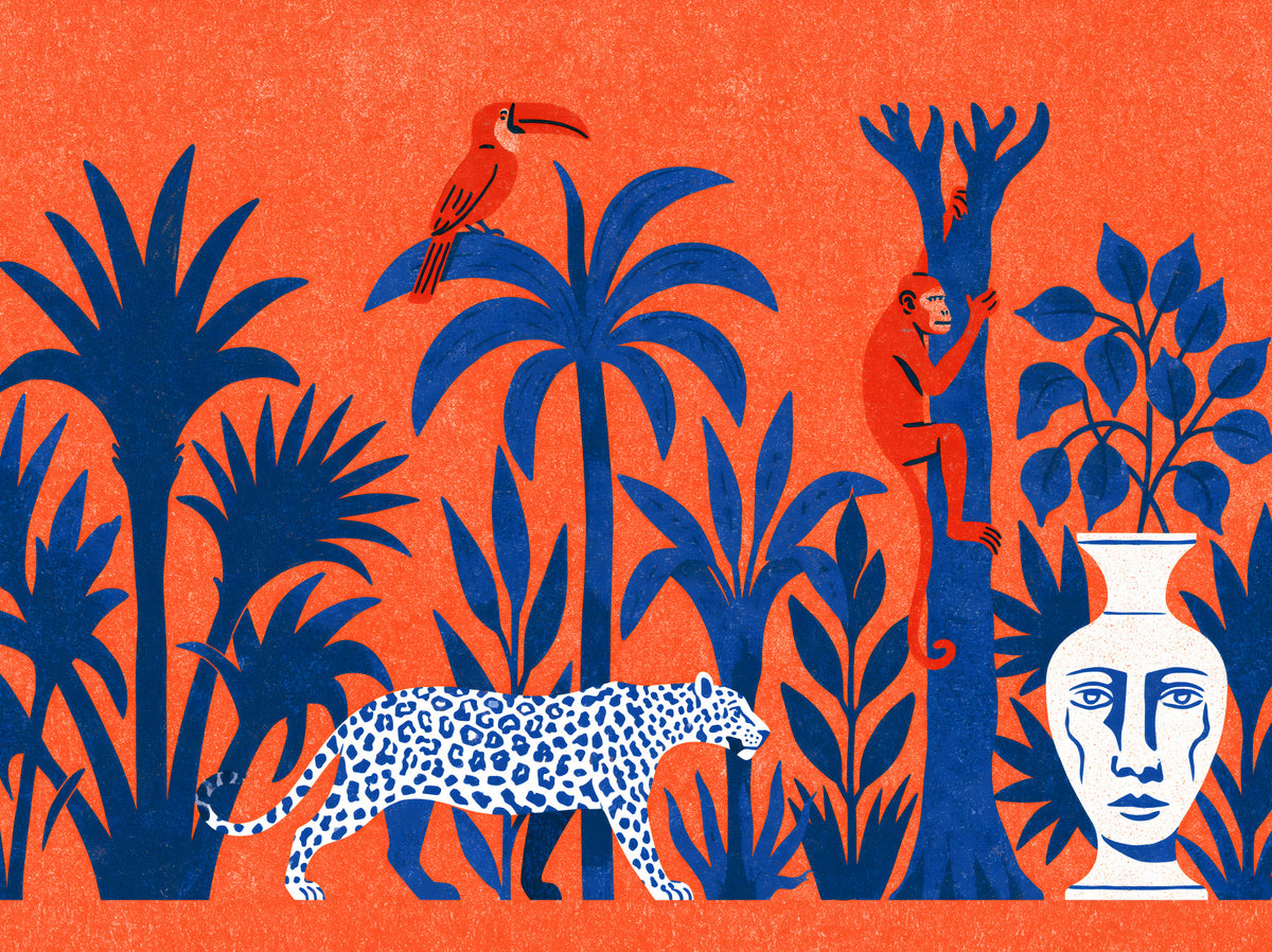 Vibrant Jungle Leopard and Tropical Wildlife Scene Wall Mural in your room — zoomed