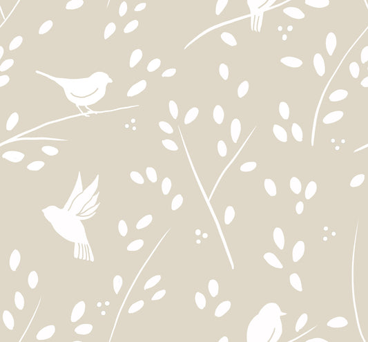 Serene Minimalist Garden Birds in Soft Taupe Wallpaper⁠