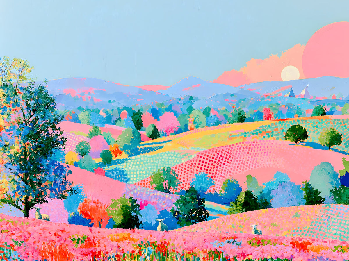 Vibrant Pastel Hillside Impression Wall Mural in your room — zoomed