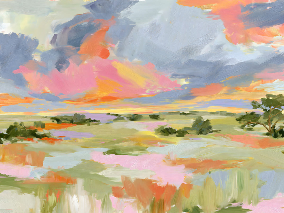 Sunset Brushstrokes Landscape Wall Mural in your room — zoomed