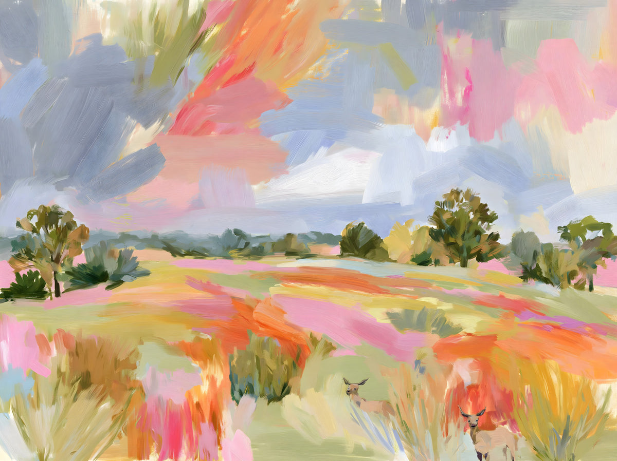 Abstract Painted Meadow with Wildlife Wall Mural in your room — zoomed