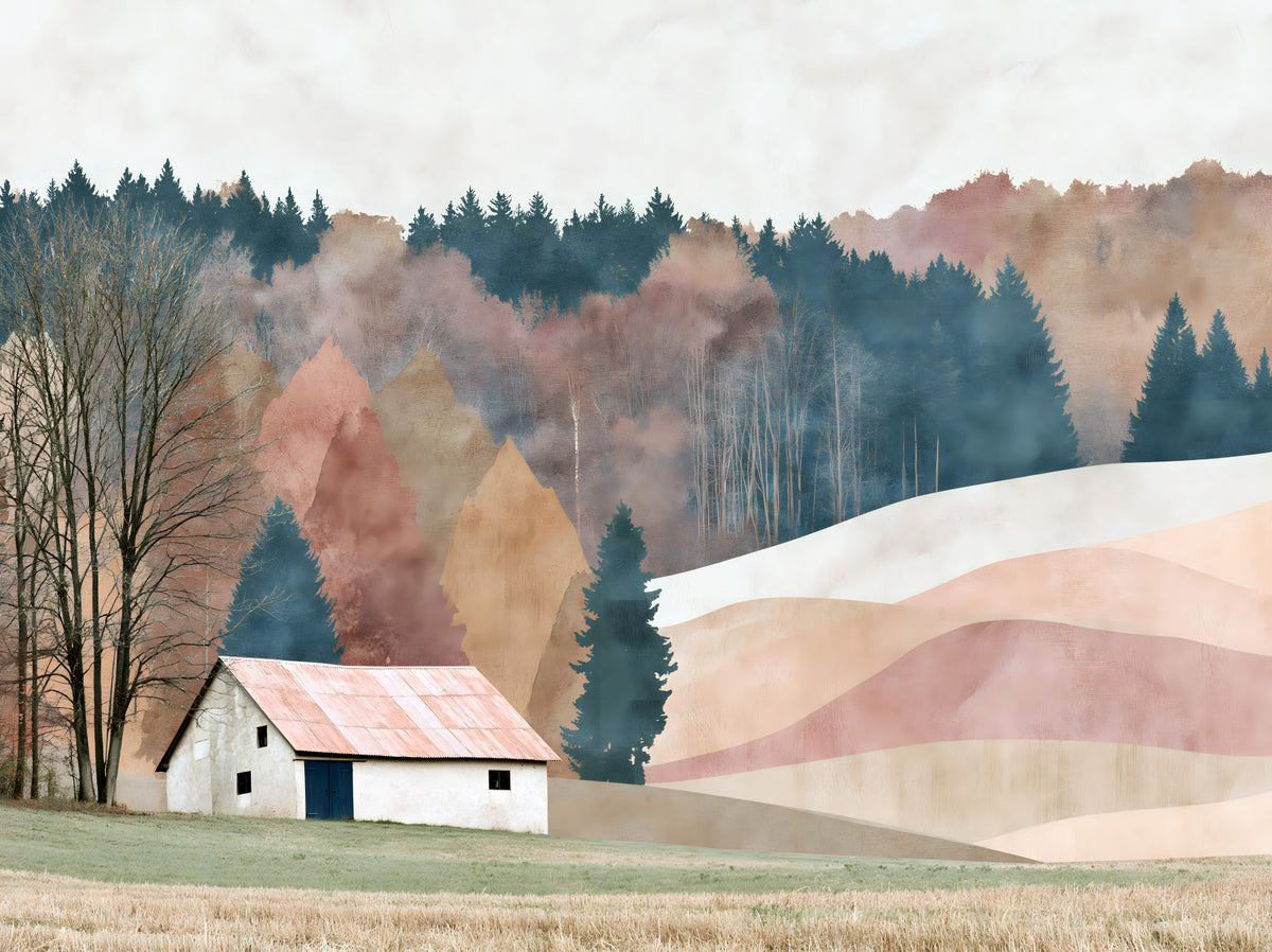 Rustic Autumn Valley Cabin Scene Wall Mural