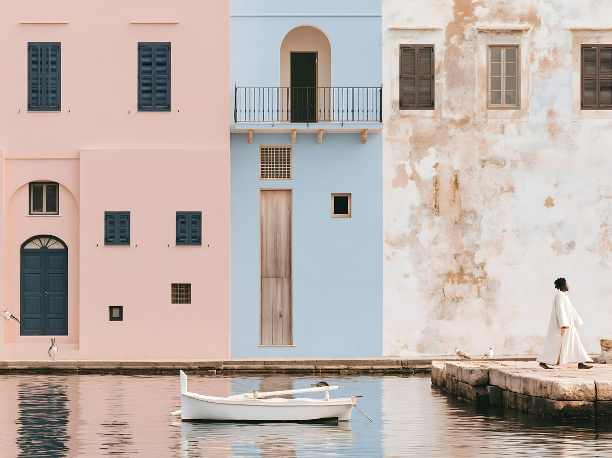 Mediterranean Harbor Pastel Facades Wall Mural in your room — zoomed