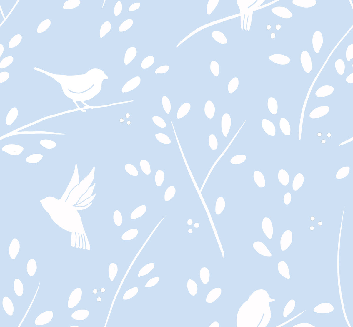 Soft Pastel Blue Woodland Birds Wallpaper⁠ in your room — zoomed