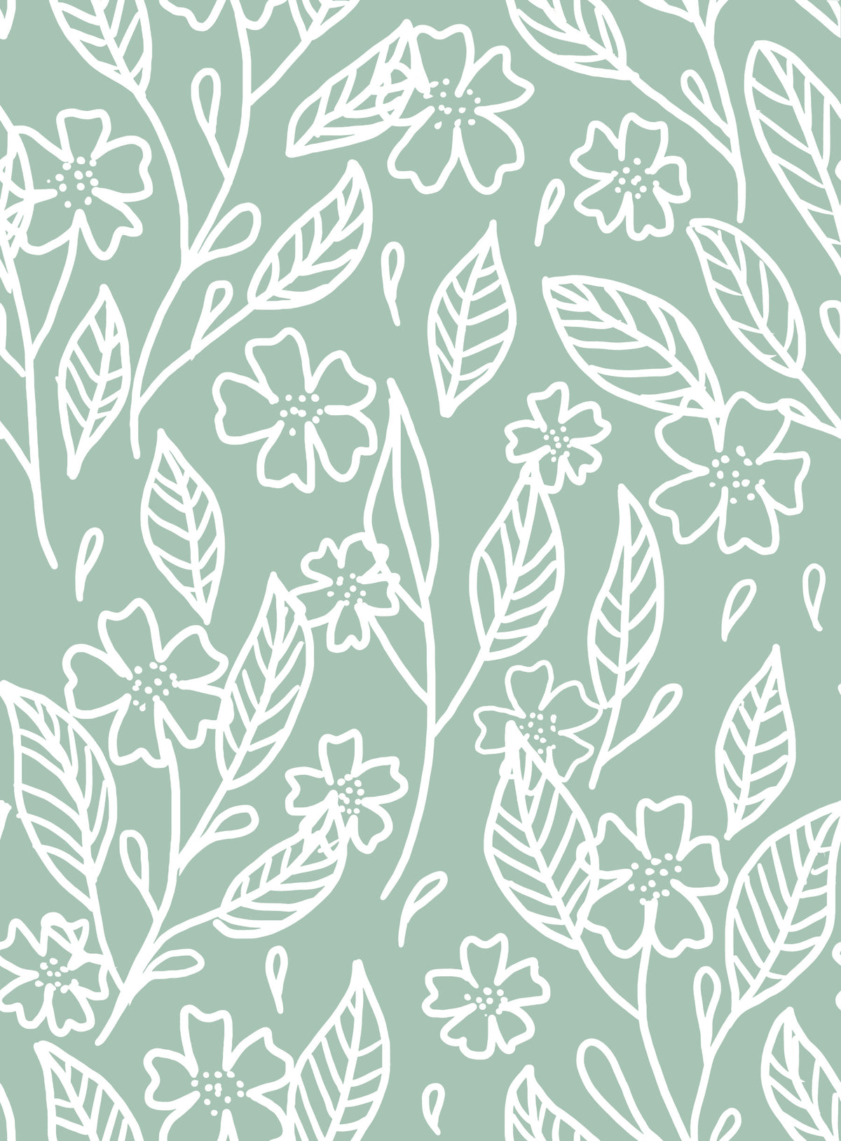 Sage Green Hand-Drawn Floral Line Art Wallpaper⁠
