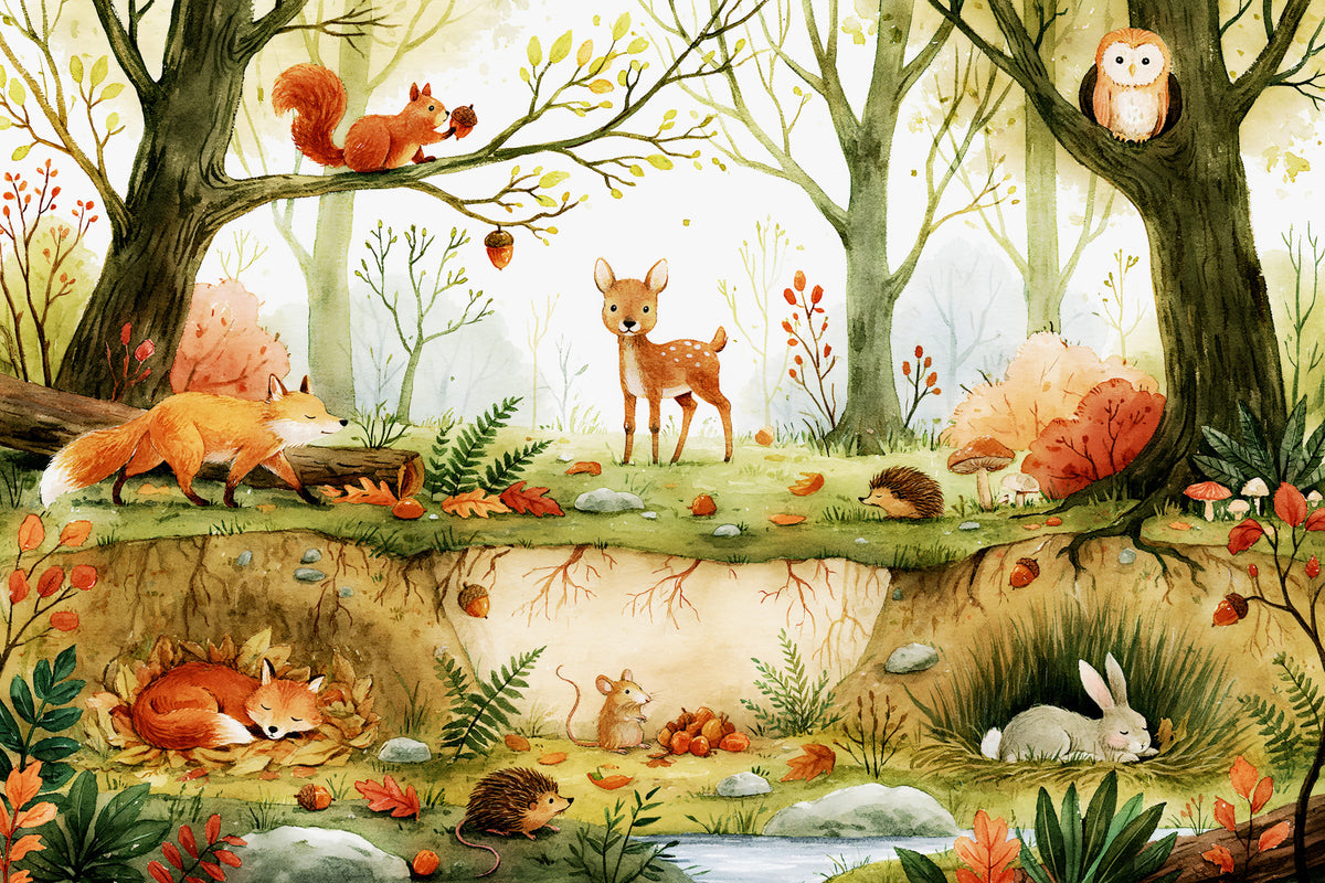Enchanted Woodland Friends Illustration Wall Mural in your room — zoomed