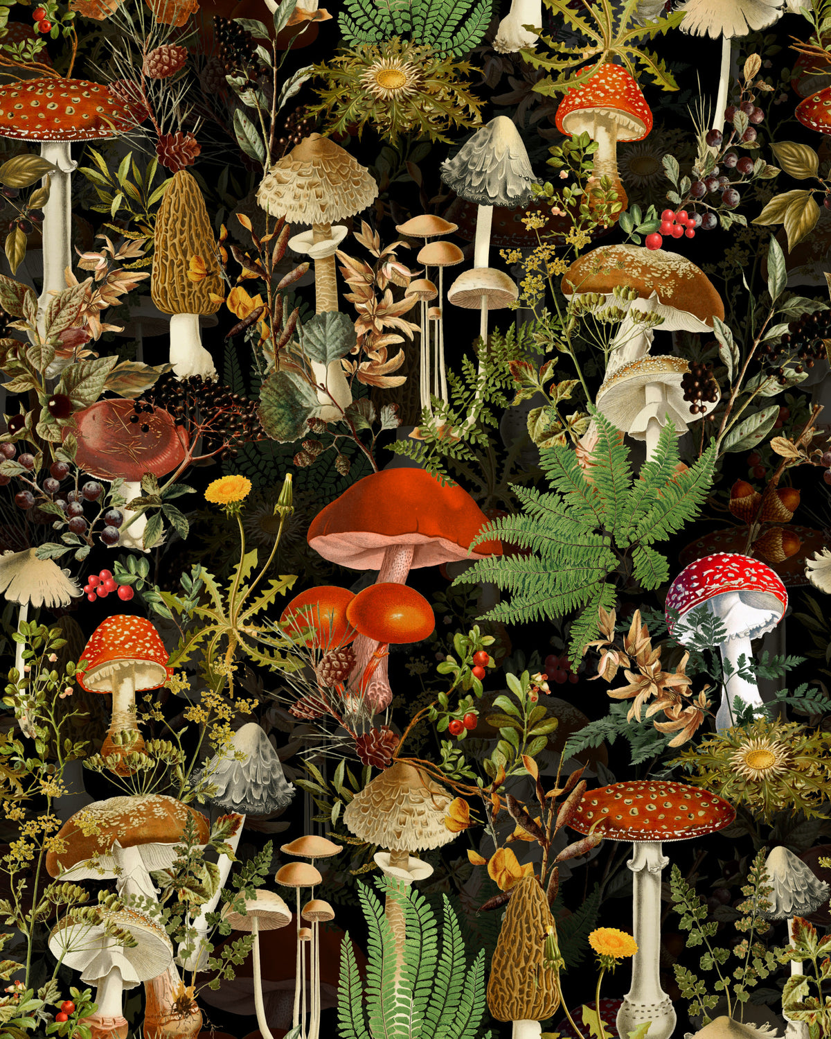 Vintage Woodland Mushroom Harvest Wallpaper⁠ in your room — zoomed
