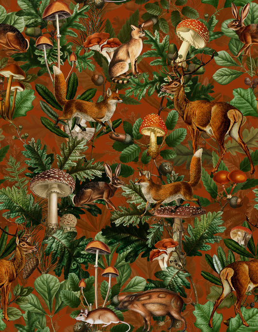 Rustic Woodland Creatures and Fungi Tapestry Wallpaper⁠