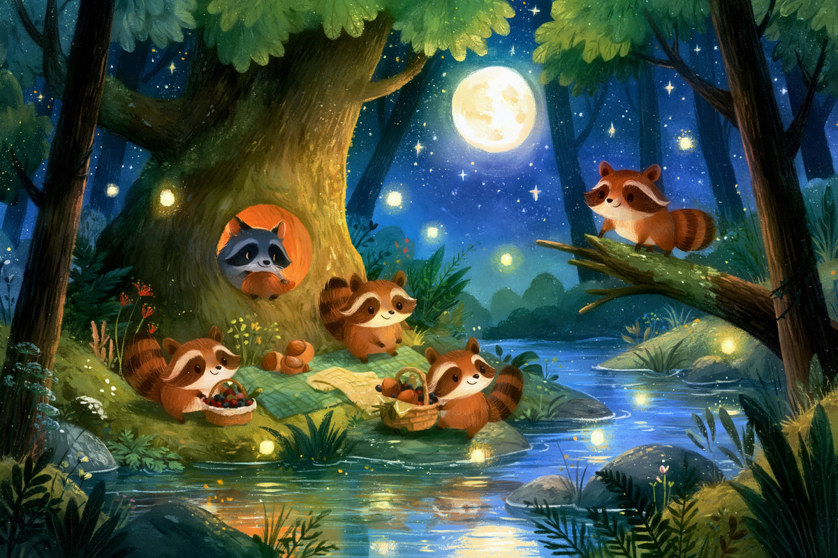 Moonlit Raccoon Forest Picnic Wall Mural in your room — zoomed