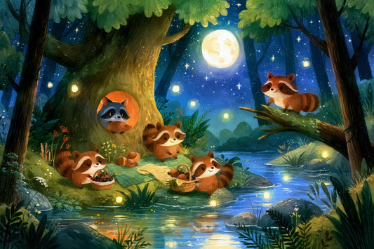 Moonlit Raccoon Forest Picnic Wall Mural