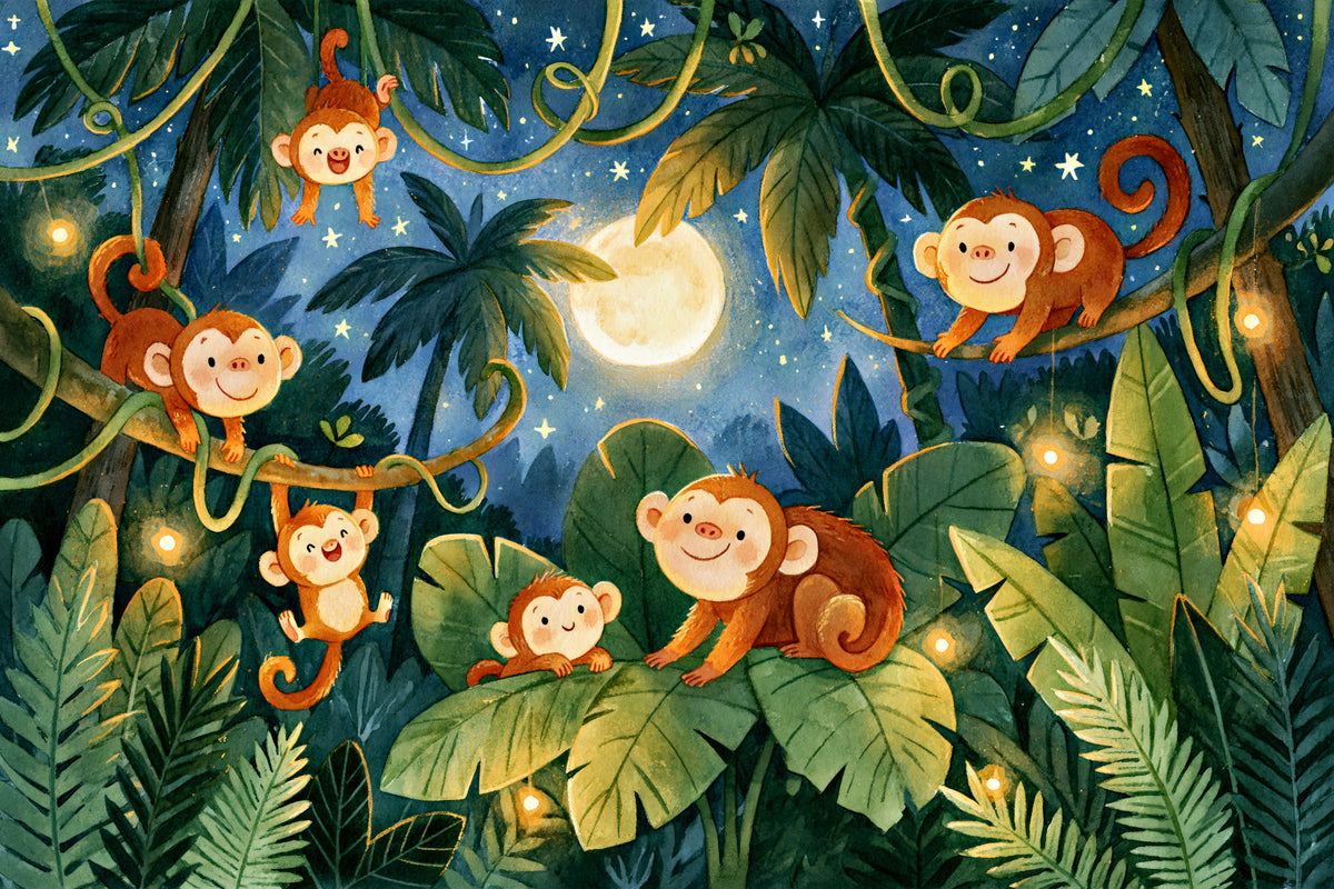 Moonlit Jungle Monkey Friends Wall Mural in your room — zoomed