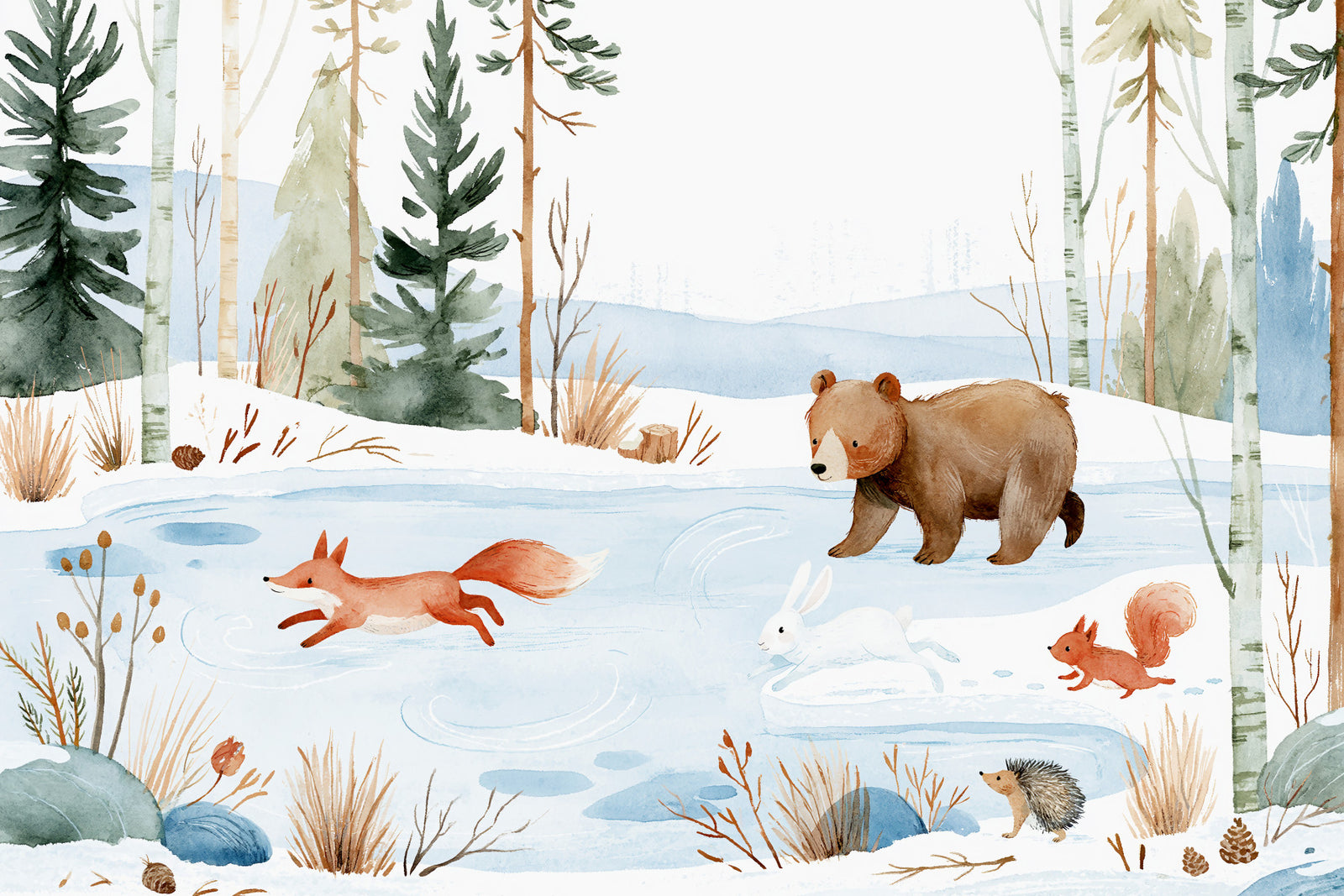 Winter Forest Friends Watercolor Scene Wall Mural