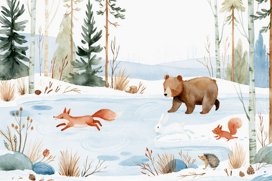 Winter Forest Friends Watercolor Scene Wall Mural