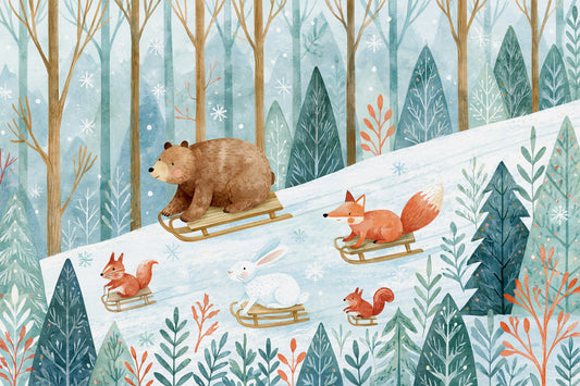 Winter Forest Friends Sledding Adventure Wall Mural