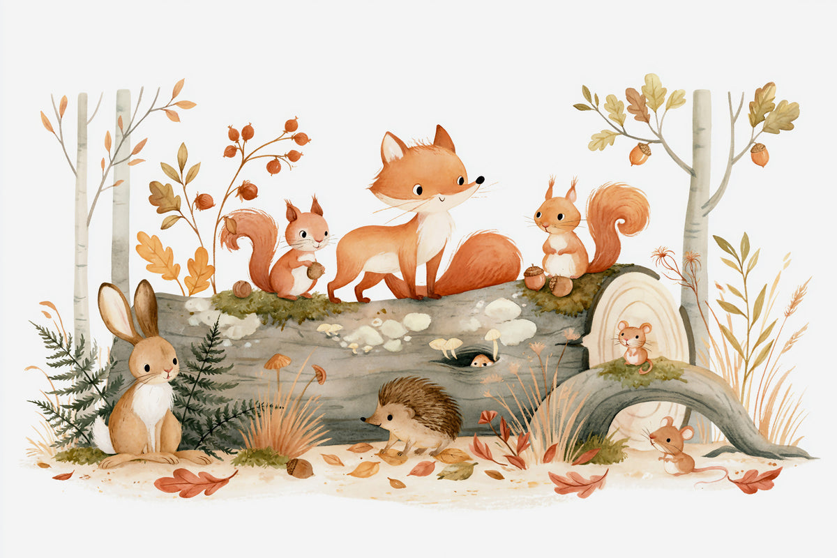 Woodland Friends in Autumn Forest Wall Mural in your room — zoomed