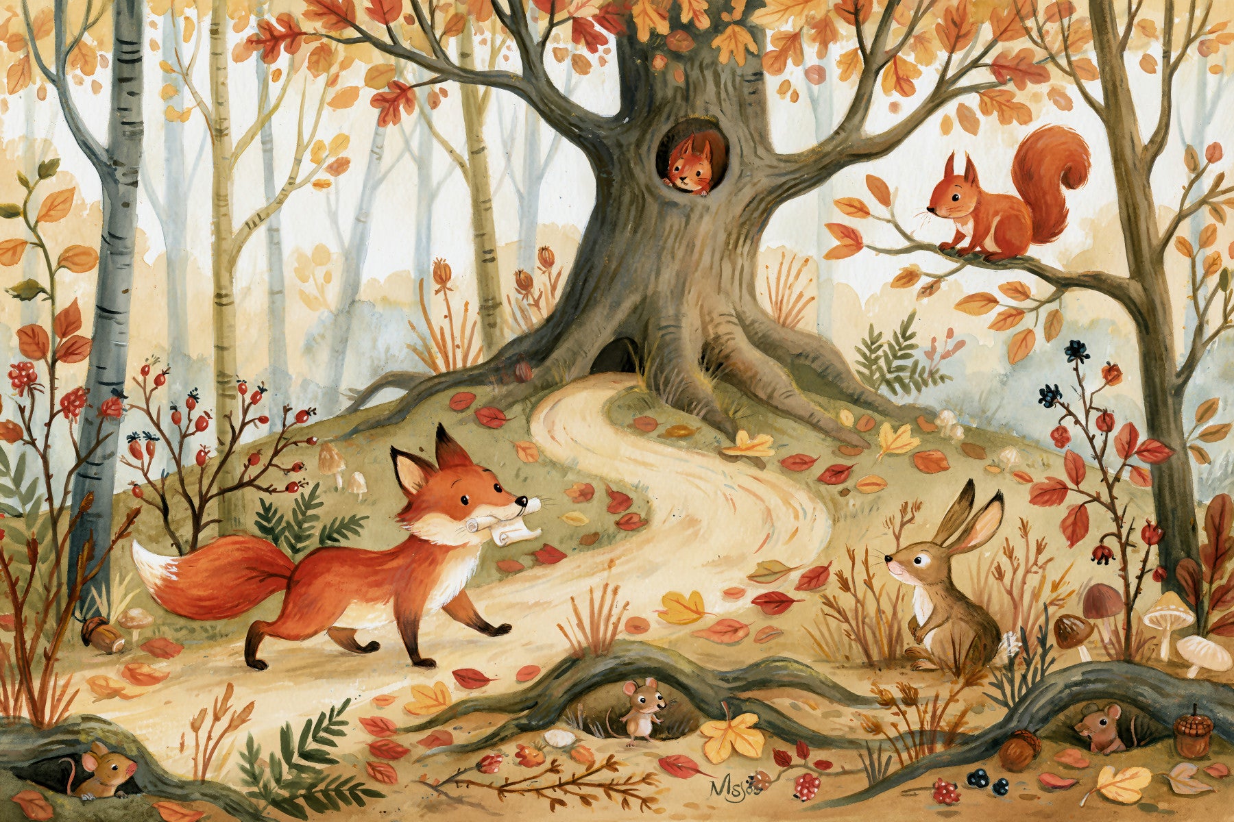 Autumn Woodland Animal Friends Wall Mural in your room — zoomed