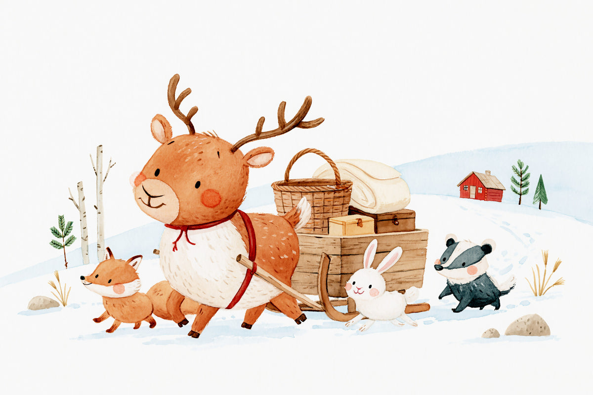 Winter Forest Friends Sleigh Ride Wall Mural in your room — zoomed