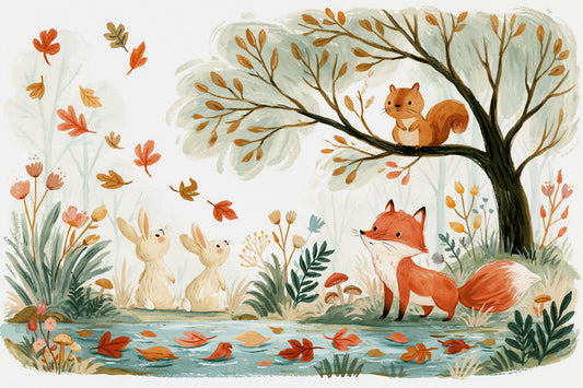 Autumn Woodland Friends Illustration Wall Mural