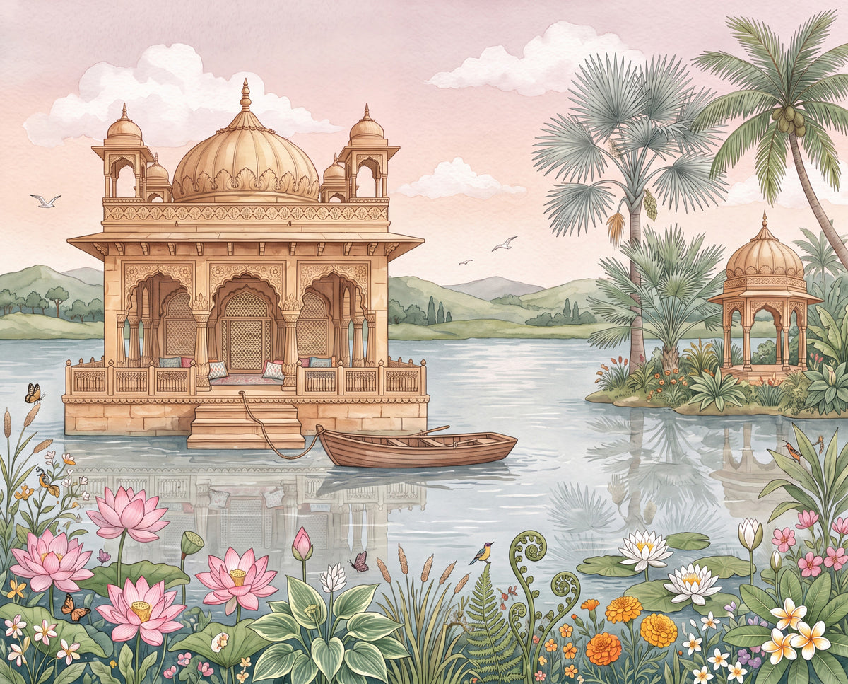 The Lotus Lake Palace Wall Mural - RJM03 in your room — zoomed