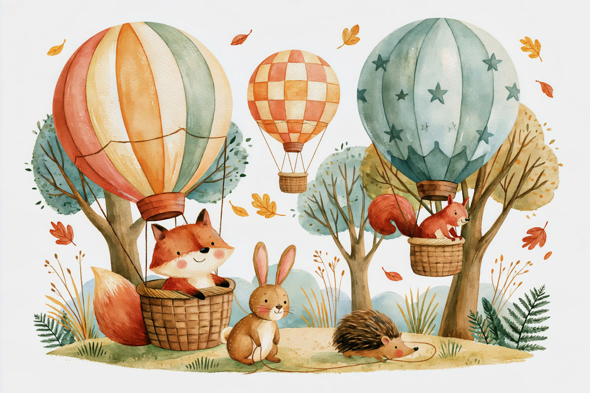 Woodland Forest Friends and Hot Air Balloons Wall Mural