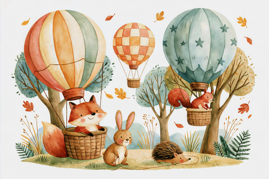 Woodland Forest Friends and Hot Air Balloons Wall Mural