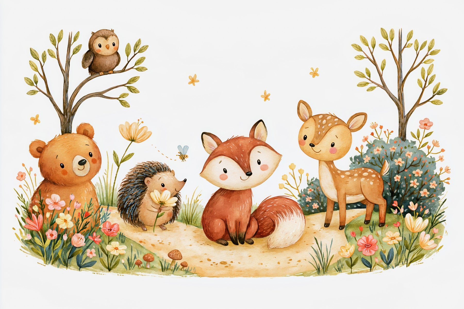 Whimsical Autumnal Forest Friends Watercolor Scene Wall Mural in your room — zoomed