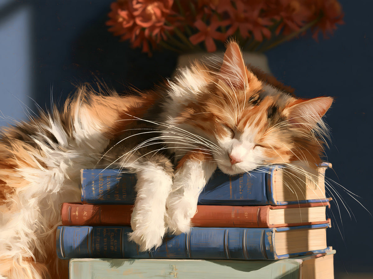 Calico Cat Sleeping on Stack of Old Books Wall Mural in your room — zoomed