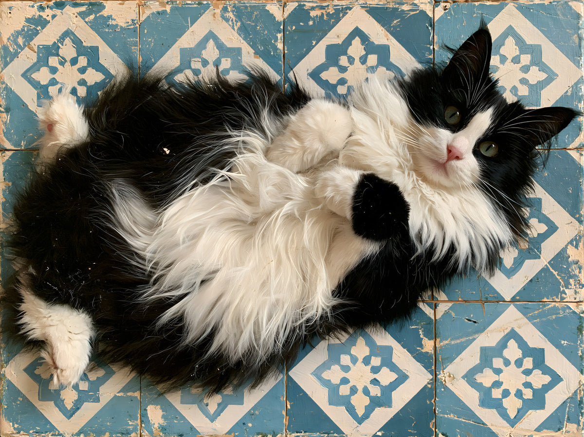 Rustic Blue Tiled Cat Portrait Wall Mural in your room — zoomed