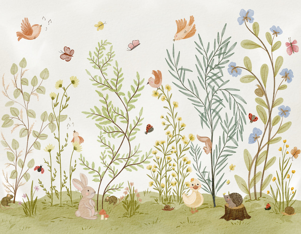 Enchanted Meadow Botanical Scene Wall Mural in your room — zoomed