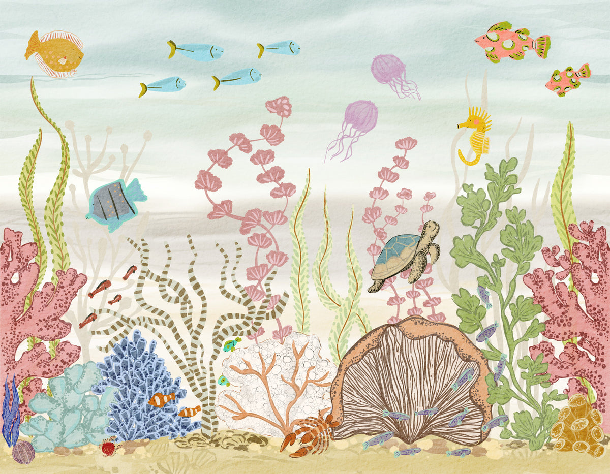 Whimsical Underwater Coral Reef Scene Wall Mural