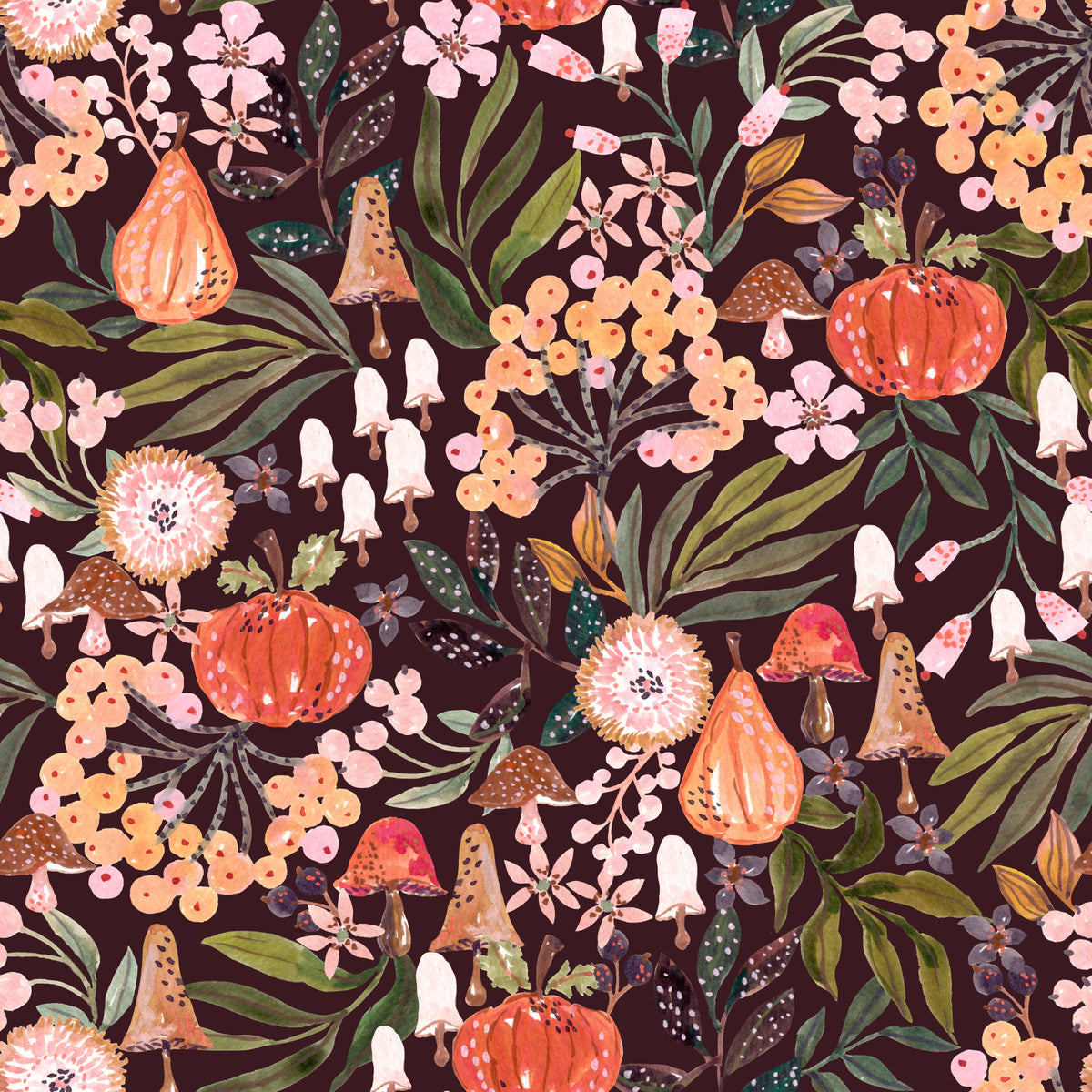 Autumn Harvest Botanical Pattern Wallpaper⁠